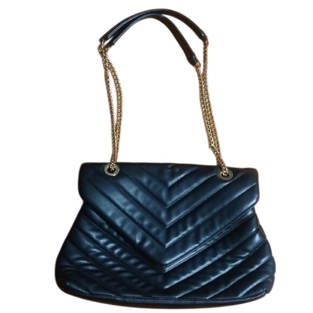 Black Quilted Chevron Shoulder Bag Gold Chain Strap Crossbody Evening Handbag